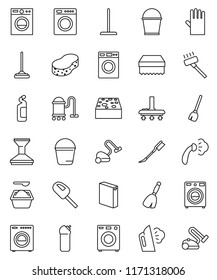thin line vector icon set - broom vector, vacuum cleaner, mop, bucket, sponge, car fetlock, steaming, washer, washing powder, cleaning agent, rubber glove