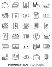 thin line vector icon set - credit card vector, cash, coin stack, check, receipt, dollar calendar, money, wallet, reader, tap pay