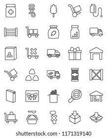 thin line vector icon set - washing powder vector, cereal, pasta, delivery, wood box, cargo, no trolley, hook, warehouse, package, search, pills bottle, drop counter, relocation truck, gift