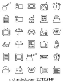 thin line vector icon set - washboard vector, kettle, hand mill, turk coffee, glasses, alarm clock, abacus, phone, umbrella, film frame, radio, tv, classic, closed, video camera, sewing machine