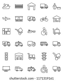 thin line vector icon set - school bus vector, bike, plane, traffic light, ship, truck trailer, sea container, delivery, car, port, consolidated cargo, warehouse, Railway carriage, disabled, garage