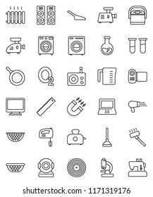 thin line vector icon set - plunger vector, vacuum cleaner, scoop, washer, pan, colander, measuring cup, ruler, notebook pc, magnet, flask, oxygen, disk, radio, vial, microscope, heating, mixer, web