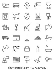 thin line vector icon set - cleaner trolley vector, mop, bath, drying clothes, grater, blackboard, scissors, school bus, calendar, gold ingot, punching bag, muscule hand, shorts, plane, glass, tulip