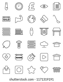 thin line vector icon set - towel vector, ladle, book, magnet, leaf, clock, man, dollar flag, tie, pound, muscule hand, heart cross, earth, document, dry cargo, package, play button, rec, eye, rooms