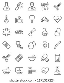 thin line vector icon set - flask vector, pills vial, first aid kit, ambulance star, heart pulse, doctor, thermometer, magnifier, dropper, scissors, broken bone, patch, stethoscope, blister, mortar