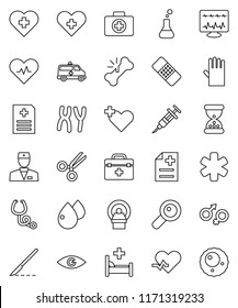 thin line vector icon set - rubber glove vector, heart cross, first aid kit, doctor bag, ambulance star, pulse, flask, eye, gender sign, magnifier, syringe, scissors, scalpel, broken bone, patch