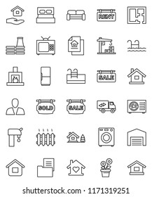 thin line vector icon set - house hold vector, chalet, pool, water supply, barn, plan, estate document, sale signboard, rent, sold, consumer, washer, cushioned furniture, relocation truck, love home