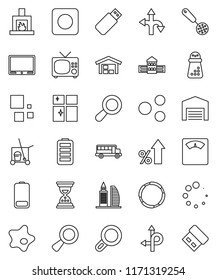 thin line vector icon set - cleaner trolley vector, splotch, shining window, skimmer, hand mill, school building, bus, percent growth, sand clock, scales, hoop, route, battery, rec button, magnifier