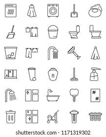 thin line vector icon set - soap vector, scraper, cleaner trolley, mop, scoop, bucket, towel, trash bin, window cleaning, toilet, drying clothes, liquid, shining, shower, tooth implant, bath, washer