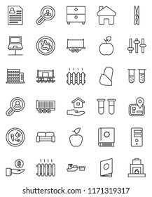 thin line vector icon set - clothespin vector, house hold, apple fruit, archive, investment, personal information, navigator, Railway carriage, truck trailer, port, settings, vial, microbs, bandage
