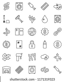thin line vector icon set - scraper vector, water drop, window cleaning, toilet brush, washer, blender, exchange, dollar medal, bottle, route, internet, gender sign, pills blister, chromosomes, pond