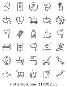 thin line vector icon set - soap vector, cleaner trolley, house hold, hand mill, mixer, blender, chicken leg, dollar coin, boxing glove, traking, cargo, touchscreen, finger up, crutches, bandage