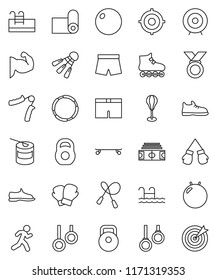 thin line vector icon set - target vector, stadium, weight, jump rope, hand trainer, punching bag, fitball, muscule, snickers, boxing glove, shorts, roller Skates, skateboard, medal, fitness mat
