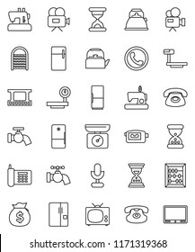 thin line vector icon set - water tap vector, washboard, kettle, abacus, money bag, sand clock, phone, big scales, film frame, video camera, microphone, classic, fridge, tv, kitchen, sewing machine