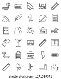 thin line vector icon set - water tap vector, splotch, washboard, rolling pin, thermometer, pen, pencil, corner ruler, Railway carriage, glass, tulip, big scales, hdmi, broken bone, cottage, mailbox
