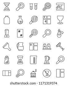 thin line vector icon set - scraper vector, window cleaning, shining, measuring cup, hand mill, spices, jug, jar, magnifier, flask, no alcohol sign, glass, cargo search, vial, sand clock, potion
