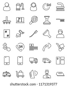 thin line vector icon set - scraper vector, vacuum cleaner, fetlock, car, window cleaning, steaming, shining, dollar cursor, phone 24, support, cargo search, mobile, hospital building, amkbulance