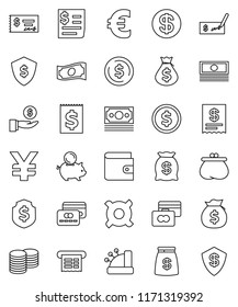 thin line vector icon set - dollar coin vector, credit card, wallet, cash, money bag, piggy bank, investment, stack, check, shield, any currency, euro sign, yen, receipt, cashbox
