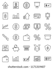 thin line vector icon set - presentation vector, dollar coin, graph, laptop, wallet, crisis, piggy bank, growth, check, receipt, board, medal, shield, monitor, yen sign, credit card, percent