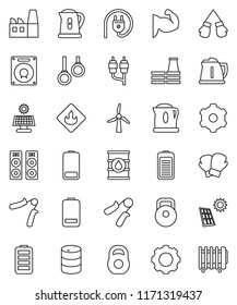 thin line vector icon set - kettle vector, weight, hand trainer, muscule, boxing glove, gymnast rings, flammable, oil barrel, battery, rca, gear, solar panel, windmill, factory, power plug, speaker