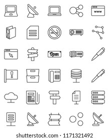 thin line vector icon set - pen vector, notebook pc, document, archive, binder, no smoking, signpost, attention, satellite antenna, newspaper, network, server, cloud, big data, browser, share, open