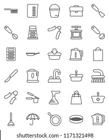 thin line vector icon set - plunger vector, fetlock, bucket, water tap, pan, kettle, measuring cup, cook press, whisk, spatula, ladle, grater, sieve, case, hand trainer, umbrella, scalpel, basket