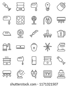 thin line vector icon set - vacuum cleaner vector, mixer, oven, double boiler, blender, table lamp, tv, rca, windmill, air conditioner, fridge, power plug, iron, epilator, fan, kettle, bulb