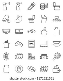 thin line vector icon set - toilet vector, sprayer, plates, jar, pasta, pencil, corner ruler, apple fruit, coin stack, money search, hierarchy, stadium, buttocks, pills, Railway carriage, stop
