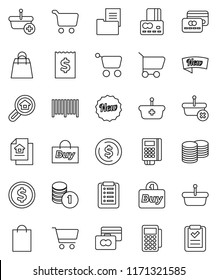thin line vector icon set - dollar coin vector, cart, credit card, stack, receipt, estate document, search, new, shopping bag, buy, barcode, reader, basket, list