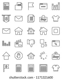 thin line vector icon set - calculator vector, flag, arrow up, dollar, document, equalizer, finger down, stop button, browser, home, loading, mail, house, buy, clothes