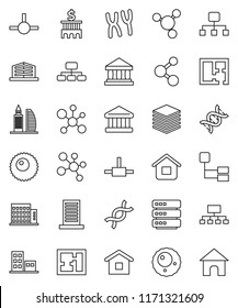 thin line vector icon set - molecule vector, bank, building, hierarchy, dna, chromosomes, ovule, connect, big data, plan, apartments, office, home