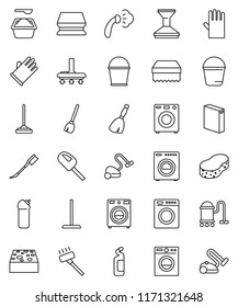 thin line vector icon set - broom vector, vacuum cleaner, mop, bucket, sponge, car fetlock, steaming, washer, washing powder, cleaning agent, rubber glove