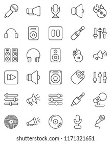 thin line vector icon set - disk vector, music hit, microphone, speaker, loudspeaker, settings, headphones, pause button, forward, rca, jack, equalizer