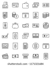thin line vector icon set - credit card vector, cash, coin stack, check, receipt, dollar calendar, money, wallet, reader, tap pay