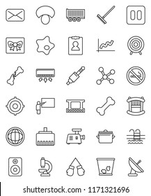 thin line vector icon set - rake vector, trash bin, splotch, pan, mushroom, blackboard, world, graph, target, personal information, boxing glove, pool, no smoking, bone, truck trailer, film frame