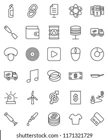 thin line vector icon set - cleaning agent vector, pan, spatula, mushroom, atom, music, pie graph, wallet, receipt, t shirt, hoop, oil barrel, route, disk, link, play button, gender sign, dropper