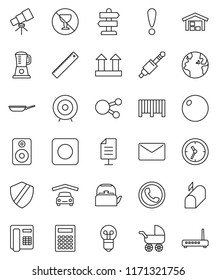 thin line vector icon set - pan vector, kettle, ruler, telescope, calculator, target, fitball, no alcohol sign, signpost, earth, attention, clock, top, social media, speaker, rec button, jack, mail