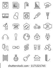 thin line vector icon set - washboard vector, earth, attention, satellite, phone 24, package, Railway carriage, newspaper, gamepad, headphones, thermometer, flask, vial, gender sign, crutches, key