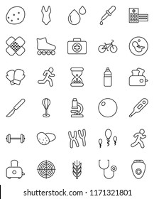 thin line vector icon set - toaster vector, potato, microscope, barbell, bike, punching bag, fitball, boxing glove, swimsuite, roller Skates, target, water bottle, cereals, first aid kit, run, patch