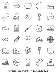 thin line vector icon set - egg vector, measuring, heart pulse, clipboard, pills vial, weight, punching bag, fitball, muscule hand, snickers, shorts, roller Skates, target, breads, pool, bone, eye