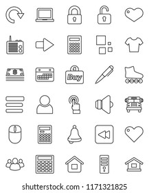 thin line vector icon set - pen vector, bell, calculator, notebook pc, school bus, t shirt, roller Skates, calendar, speaker, touchscreen, group, heart, backward button, menu, arrow, redo, loading