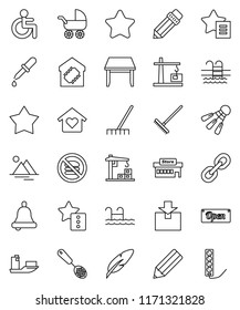 thin line vector icon set - rake vector, skimmer, pen, pencil, bell, shuttlecock, pool, no fastfood, ship, package, link, disabled, dropper, favorites, mountain, table, love home, smart, star, open