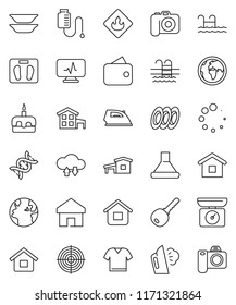 thin line vector icon set - iron vector, steaming, plates, cake, scales, target, pool, earth, flammable, camera, dna, diagnostic monitor, drop counter, cloud exchange, home, loading, house, cottage