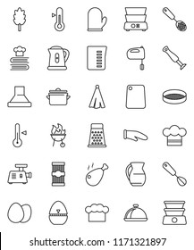 thin line vector icon set - pan vector, kettle, measuring cup, cook hat, glove, towel, timer, whisk, skimmer, cutting board, grater, mixer, double boiler, cookbook, thermometer, bbq, jug, sieve, egg