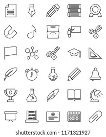 thin line vector icon set - book vector, graduate hat, pen, pencil, blackboard, corner ruler, bell, table lamp, alarm clock, schedule, award cup, medal, certificate, magnet, scissors, abacus, music