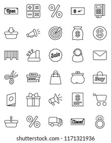 thin line vector icon set - gift vector, dollar coin, wallet, money bag, sale, open, closed, shopping, percent, mall, support, target, buy, barcode, card reader, cashbox, receipt, basket, cart, mail