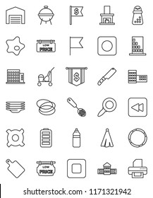 thin line vector icon set - cleaner trolley vector, splotch, plates, towel, skimmer, knife, cutting board, hand mill, bbq, school building, flag, magnifier, dollar, any currency, water bottle, hoop