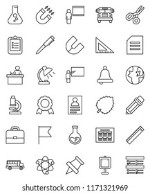 thin line vector icon set - pencil vector, blackboard, corner ruler, student, case, atom, pen, microscope, bell, table lamp, schedule, clipboard, paper pin, medal, magnet, scissors, school bus, flag