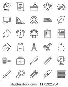 thin line vector icon set - pen vector, pencil, school building, corner ruler, drawing compass, glasses, student, case, backpack, apple fruit, atom, table lamp, notebook pc, alarm clock, clipboard