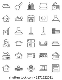 thin line vector icon set - plunger vector, cleaner trolley, fetlock, mop, sponge, welcome mat, shining window, house hold, sink, woman, microwave oven, school building, university, dry cargo, key